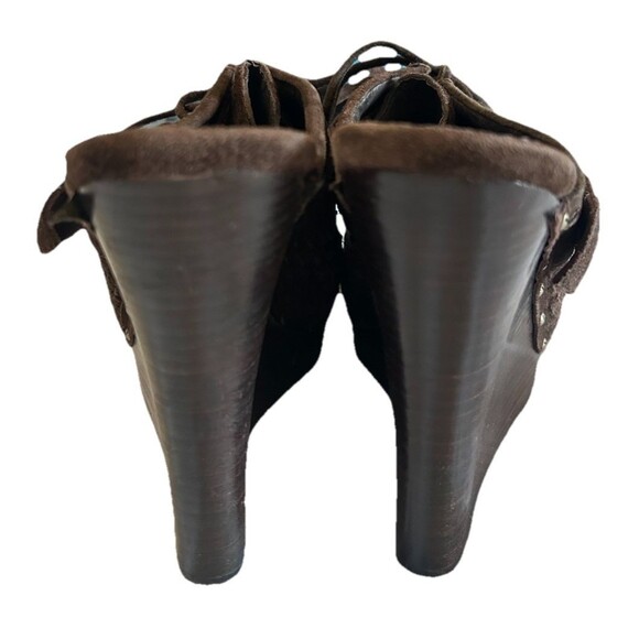 L.A.M.B. Brown Suede Woven High 5" Wedge Heels Mule Tassell Shoes Womens 6.5? - Picture 8 of 11
